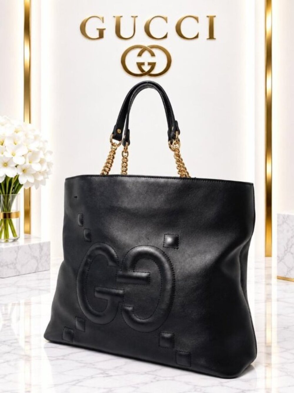 Authentic Gucci Black Leather GG Logo Chain Tote Shoulder Bag Gold Hardware